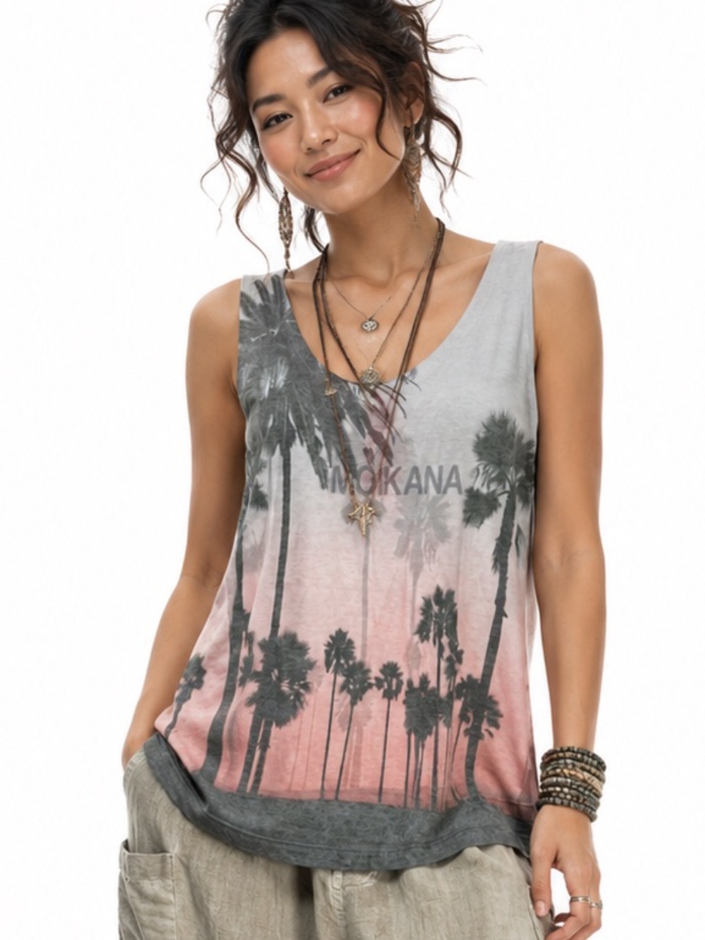 NWT MOIKANA Tropical Palm smoked muscle tank beach resort women’s S lightweight